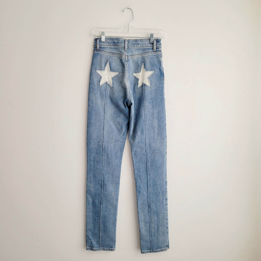 REVICE Classic Light Blue Straight Leg High Waist Rising Star Patch Jeans - Picture 6 of 6